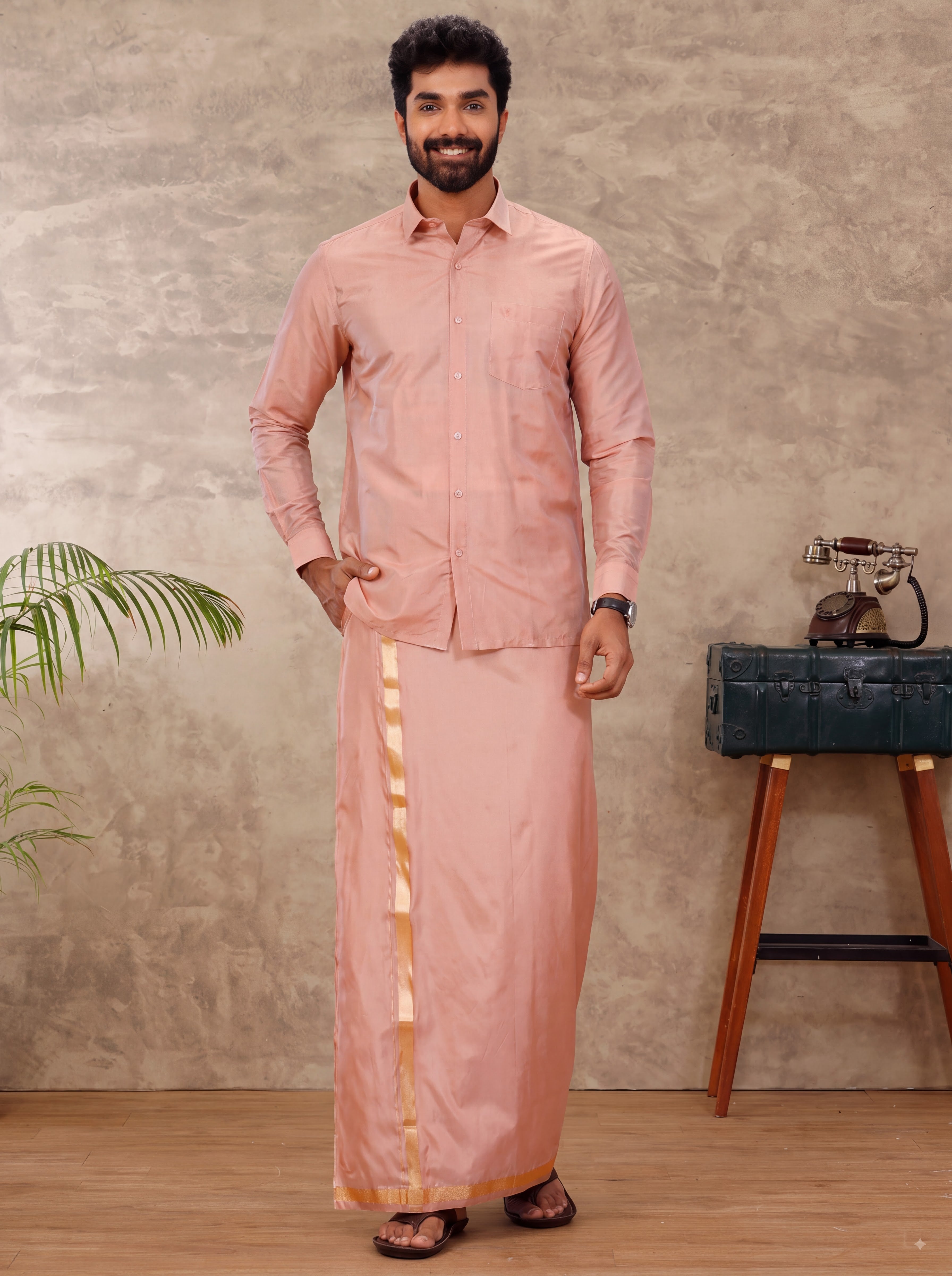 Art Silk Copper Tone Readymade Dhoti & Shirt Set