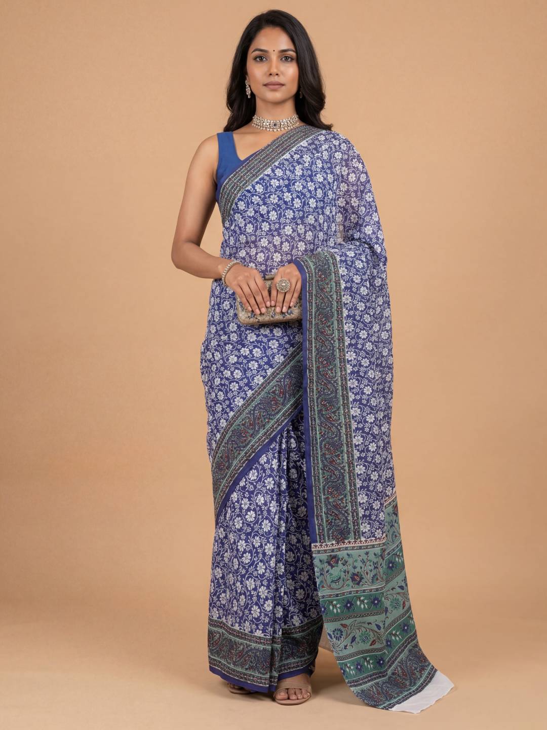 Women Pure Cotton Royal Blue Floral Printed Saree PCS278