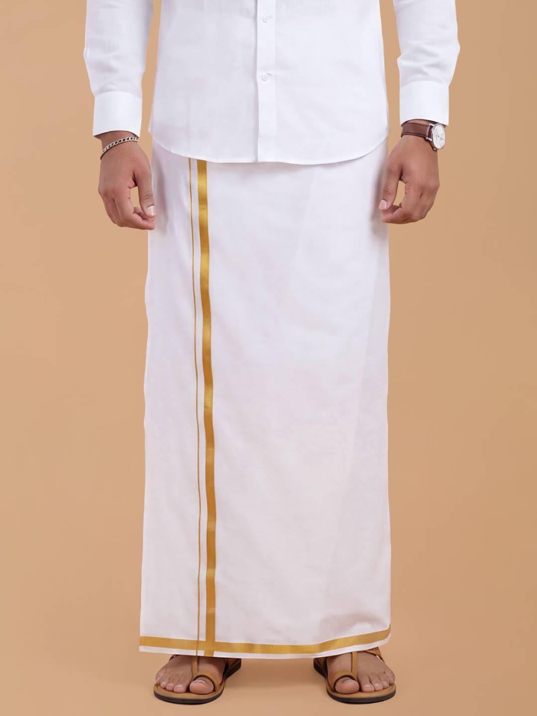 Double Layer 100% Cotton White Dhoti with 3/4 inch Gold Jari Border - Cherry 3.80m