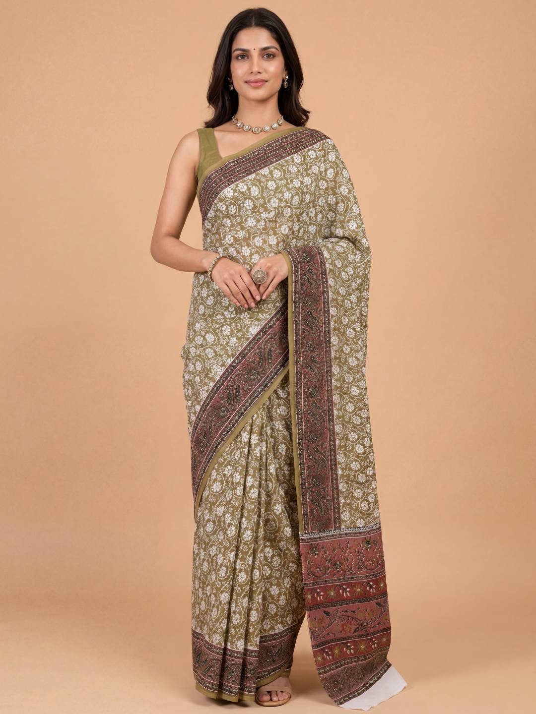 Women Pure Cotton Olive Green Floral Printed Saree PCS279