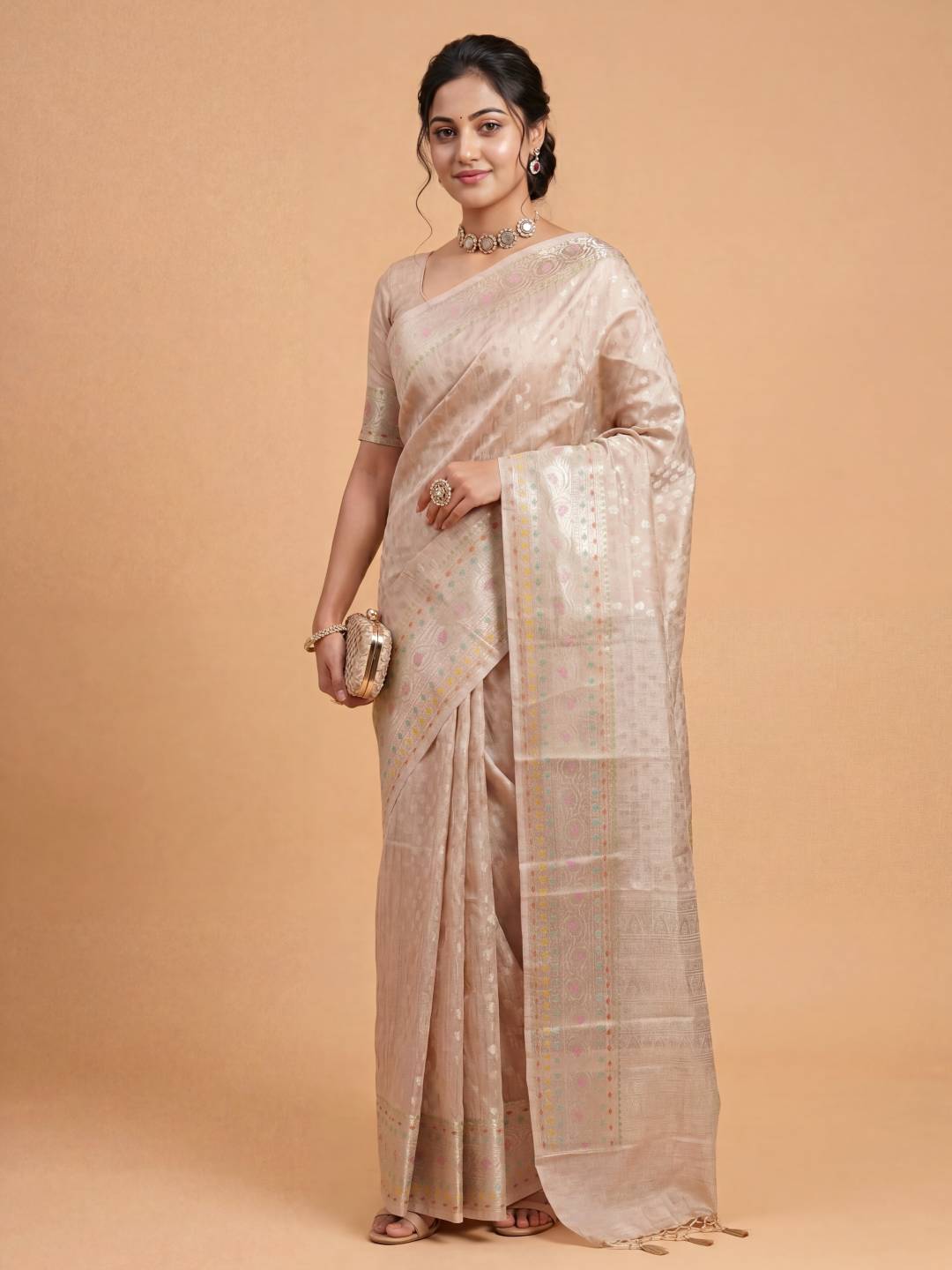 Women Tissue Peach Saree TS65