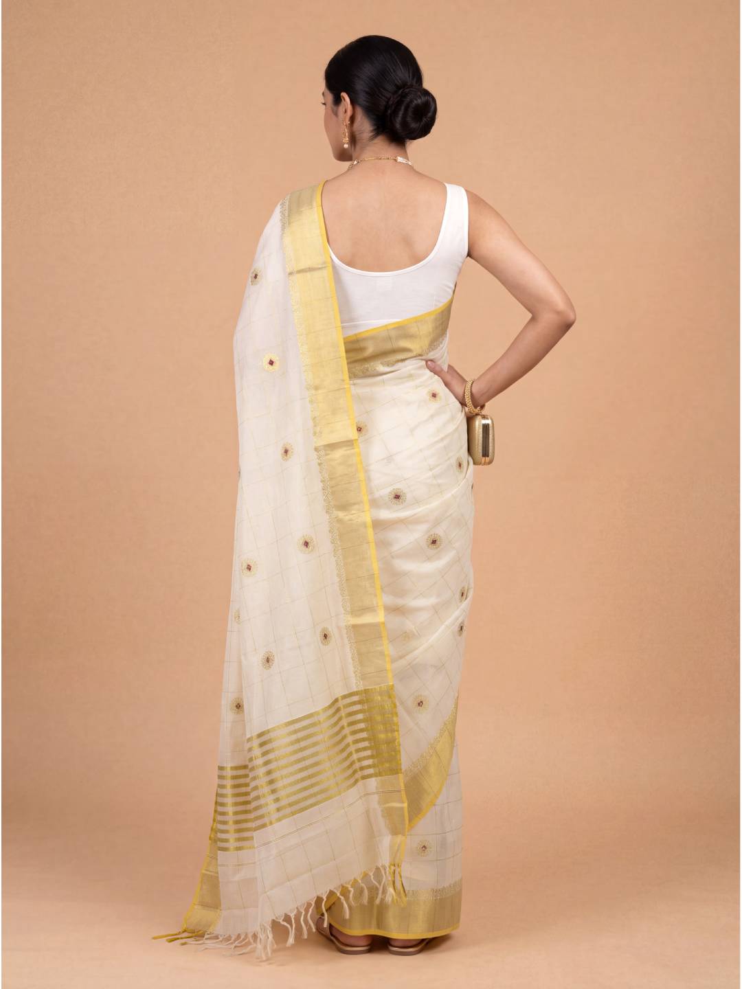 Women Kora Cotton Cream Kerala Saree with Gold Jari Border KLS35