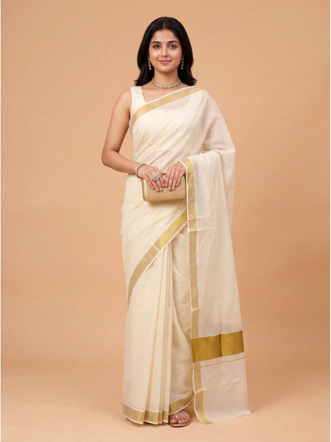 Women Kora Cotton Cream Kerala Saree with Gold Jari KLS34