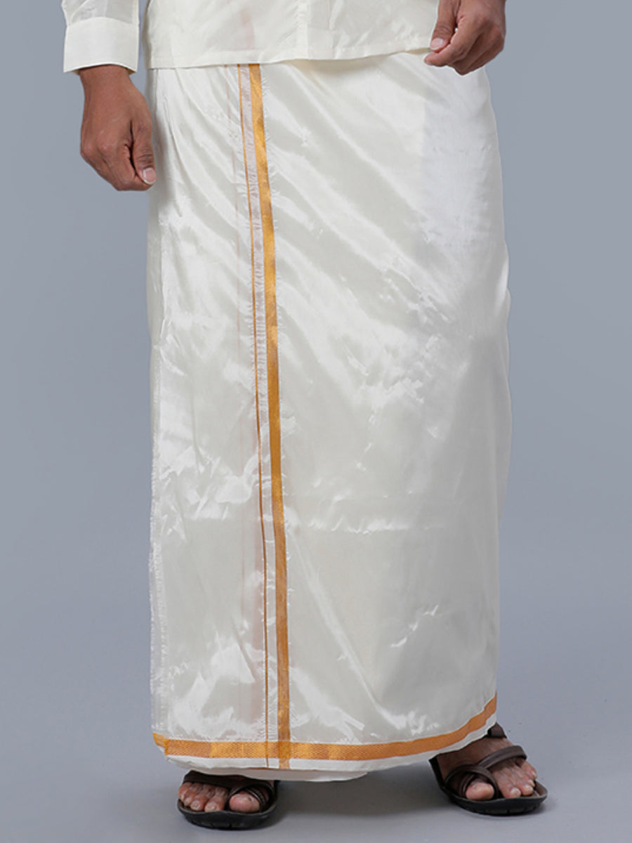 Mens Art Silk Cream Double Dhoti with 3/4'' Gold Jari Border Iswaryam 50k-Front view