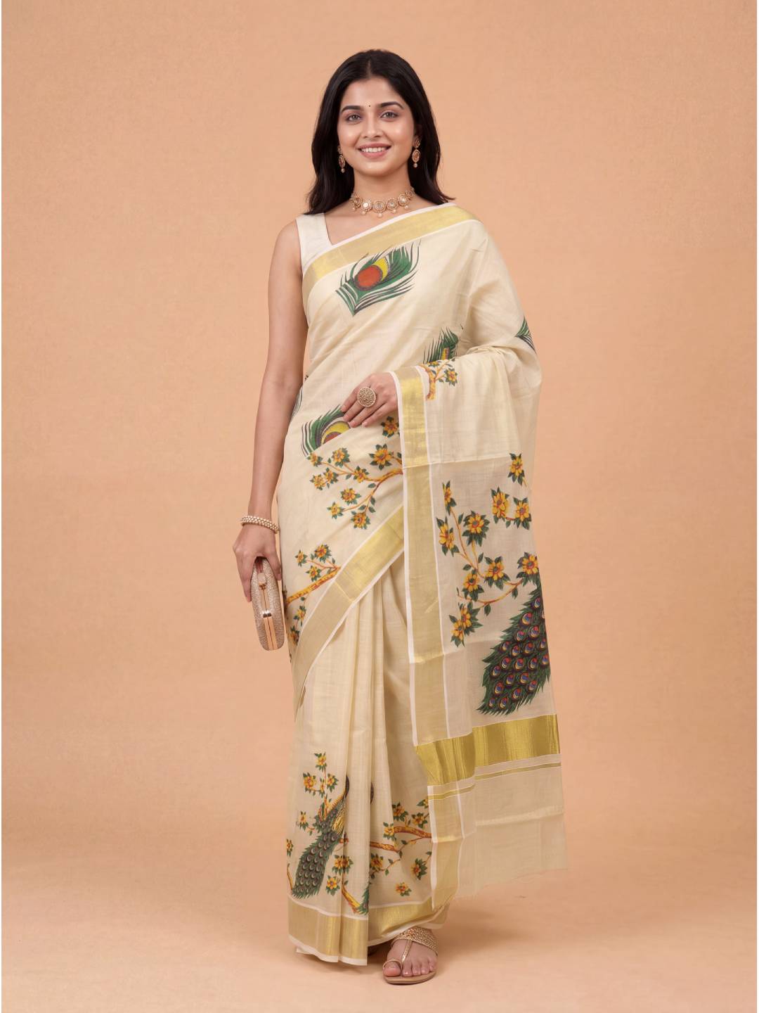 Women Tissue Peacock Printed Gold Saree KLS30