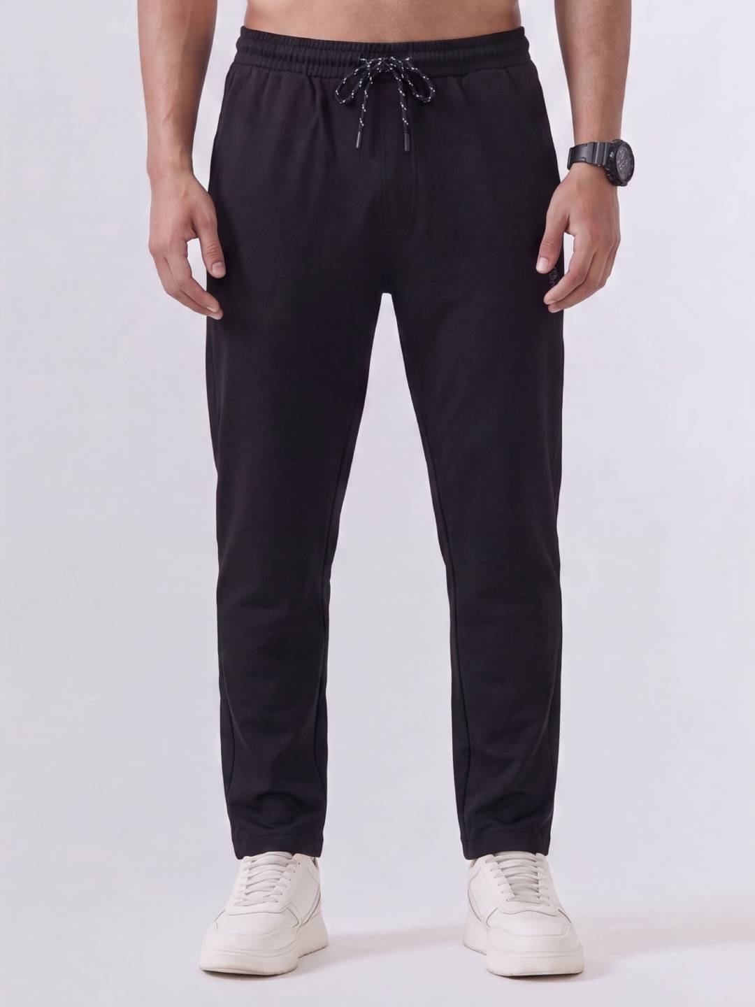 Cotton Rich Regular Fit Black Popcorn Track Pant PTK5