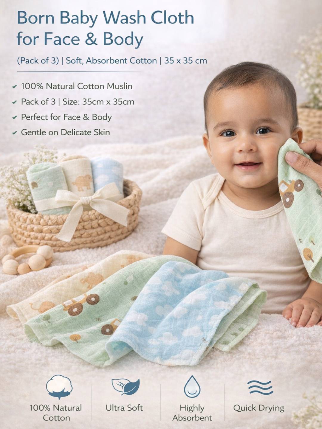 Born Baby Wash Cloth for Face & Body (Pack of 3) Soft, Absorbent Cotton | 0.35m x 0.35m