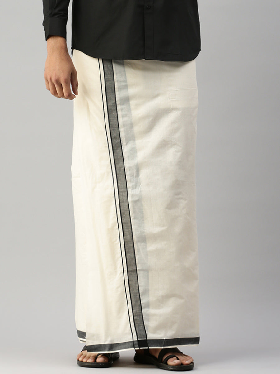 Men Black Fancy Border Double Layer Kora Dhoti Anchor Kora Plain