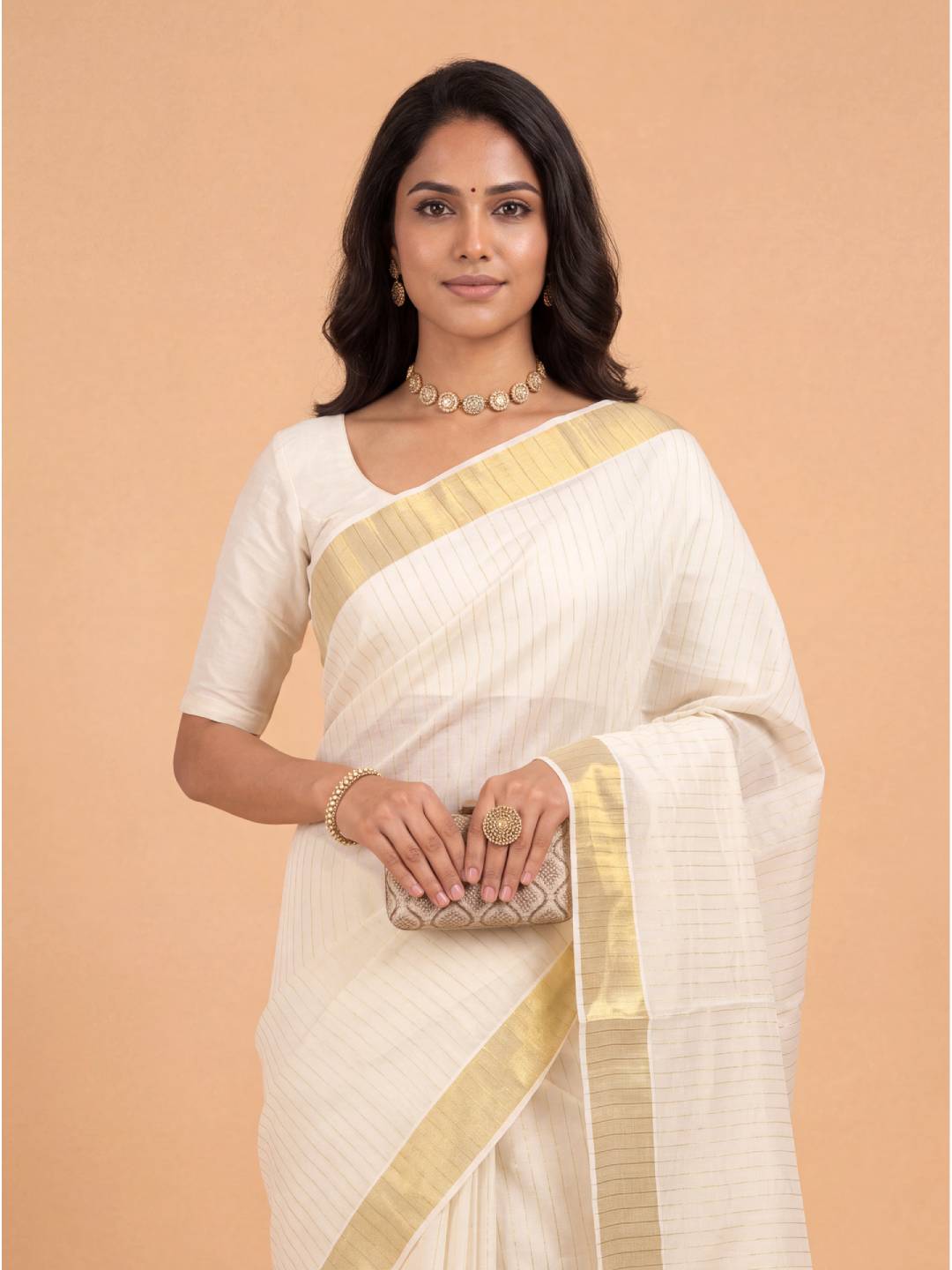 Women Kora Cotton Cream Kerala Saree with Gold Jari Border KLS57