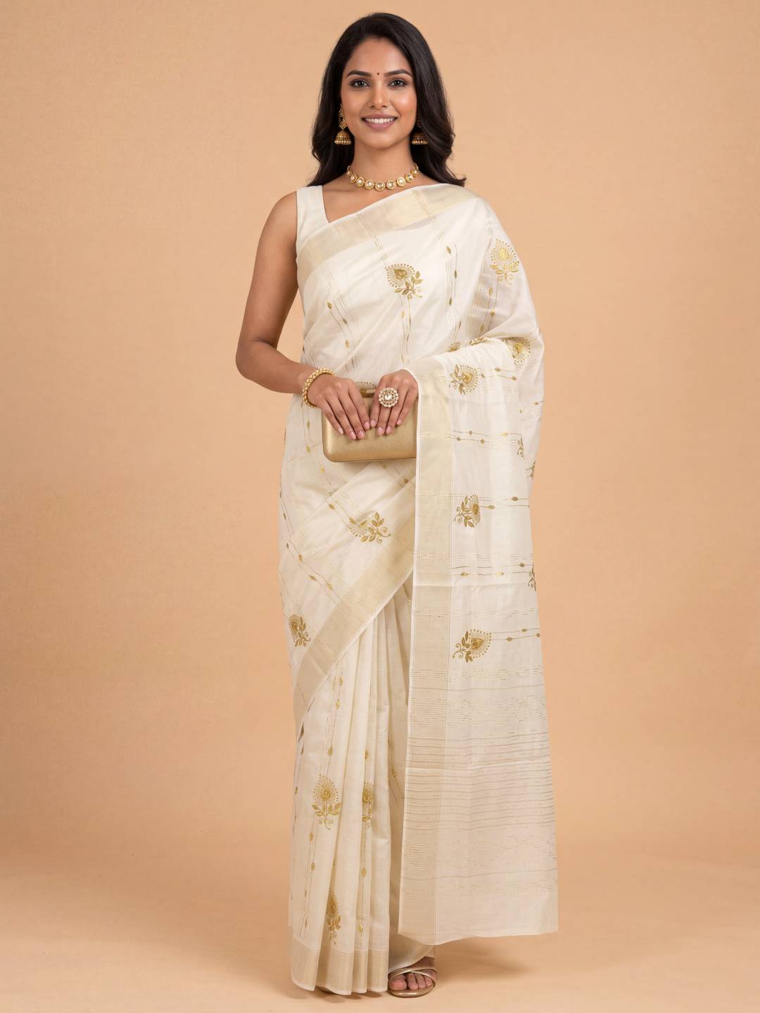 Women Kora Cotton Cream Kerala Saree with Gold Jari KLS50