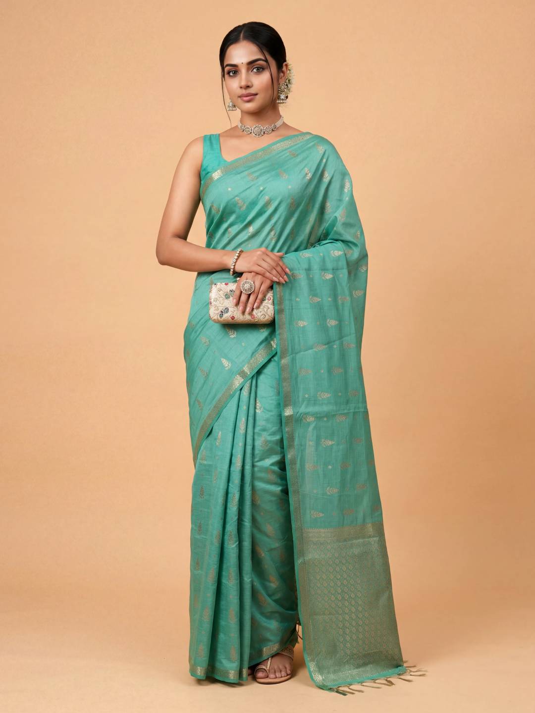 Women Semi Tussar Printed Green Saree ST343