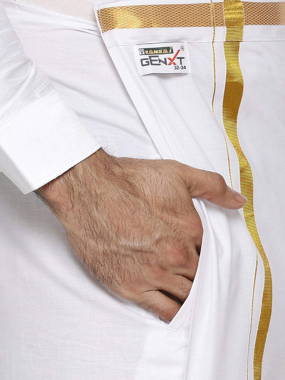 Men Cotton Blend Readymade Double Layer White Dhoti with Gold Jari Border