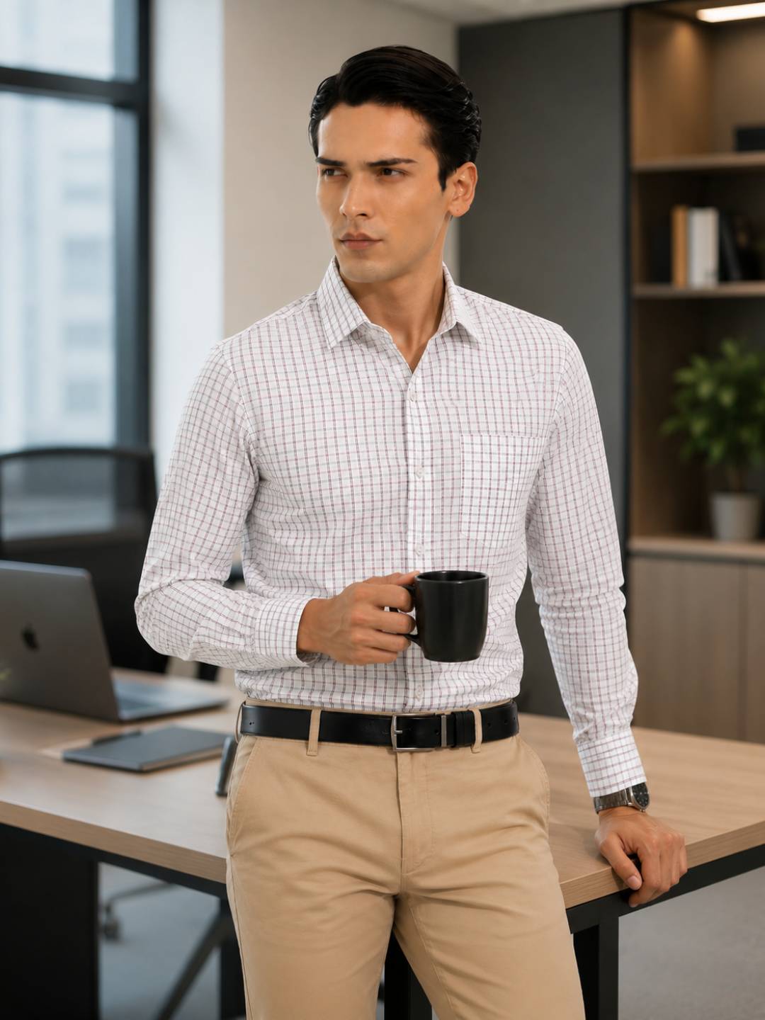 Cotton Dobby White with Purple Checked Regular Fit Shirt SRBP3