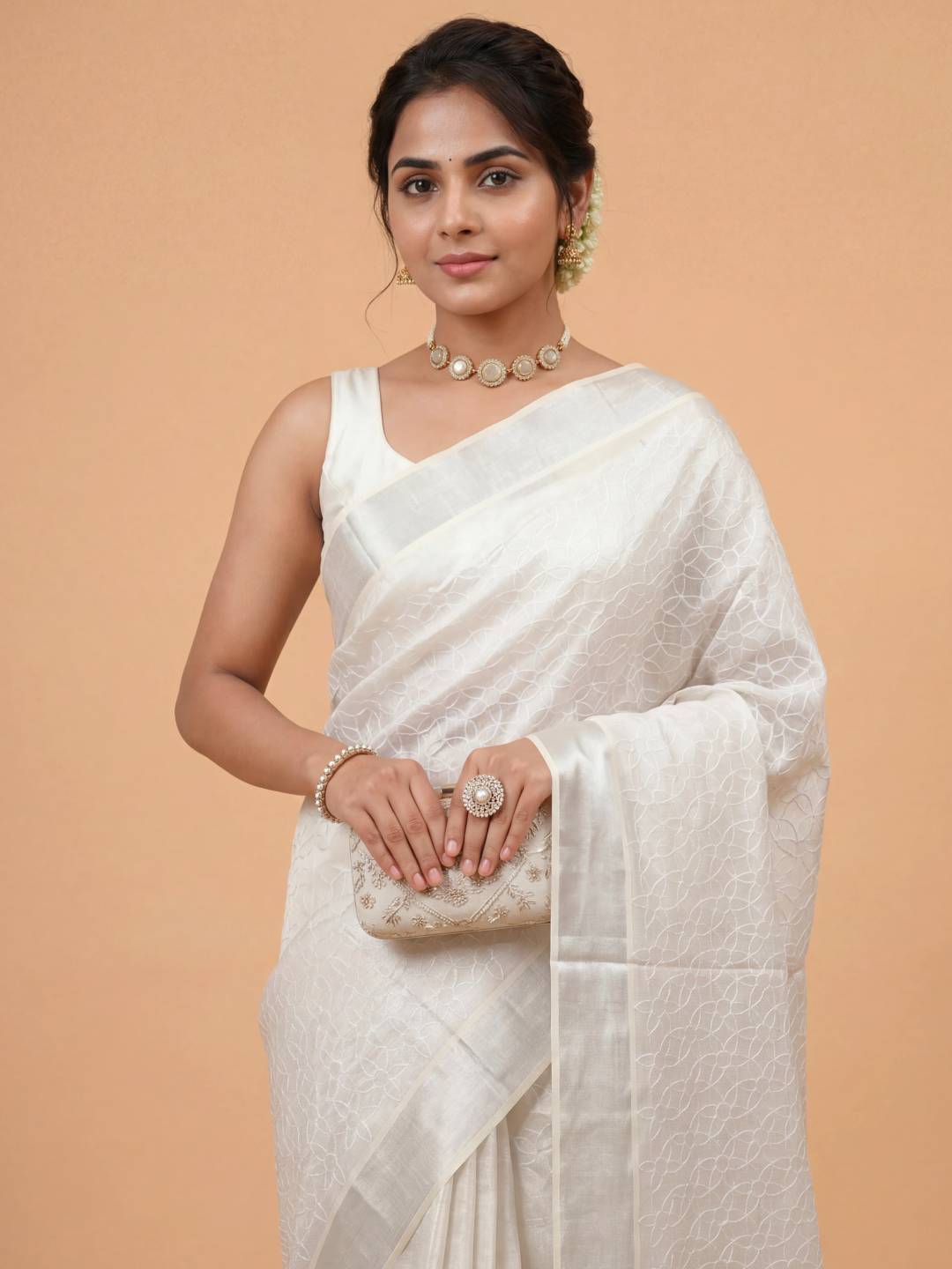 Women Tissue Silver Embroidered Kerala Saree KLS15