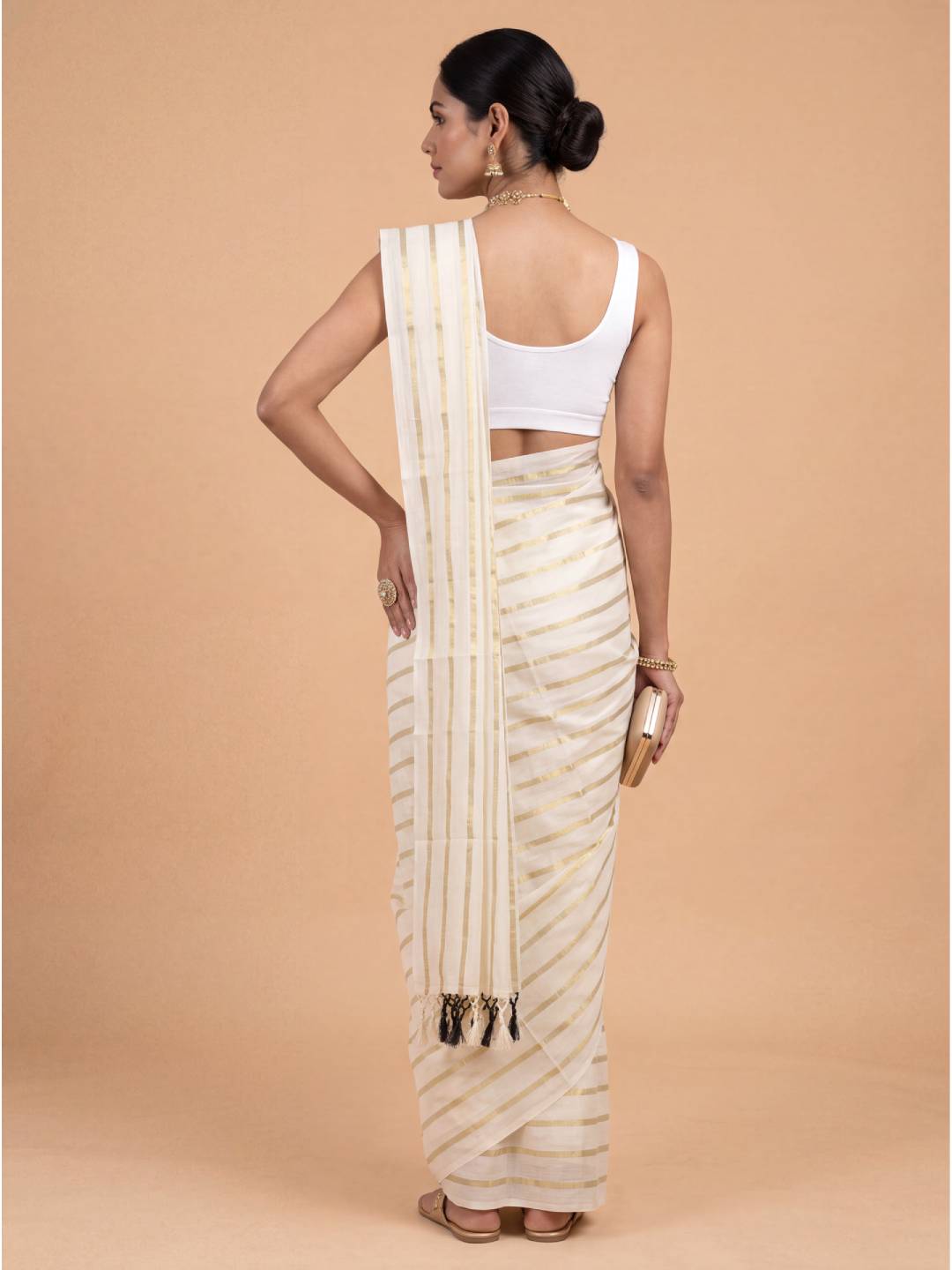 Women Kora Cotton Cream Printed Saree with Gold Jari KLS53