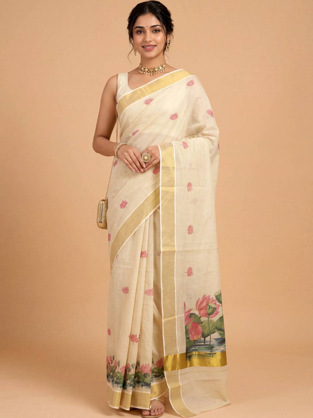 Women Tissue Cream Floral Printed Kerala Saree KLS10