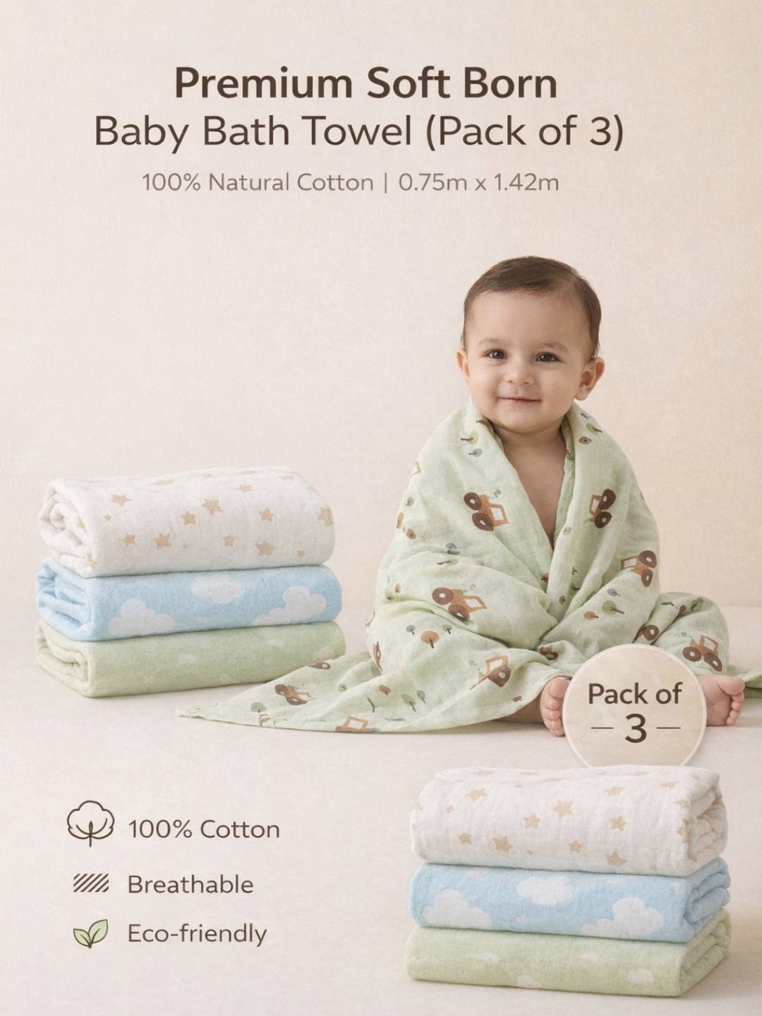 Premium Soft Baby Bath Towel (Pack of 3) Gentle & Quick Absorbing Cotton | 0.75m x 1.42m