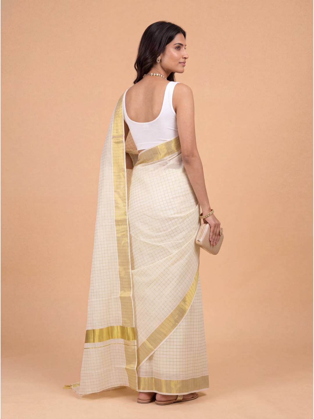 Women Kora Cotton Cream Checks Saree with Gold Jari KLS39