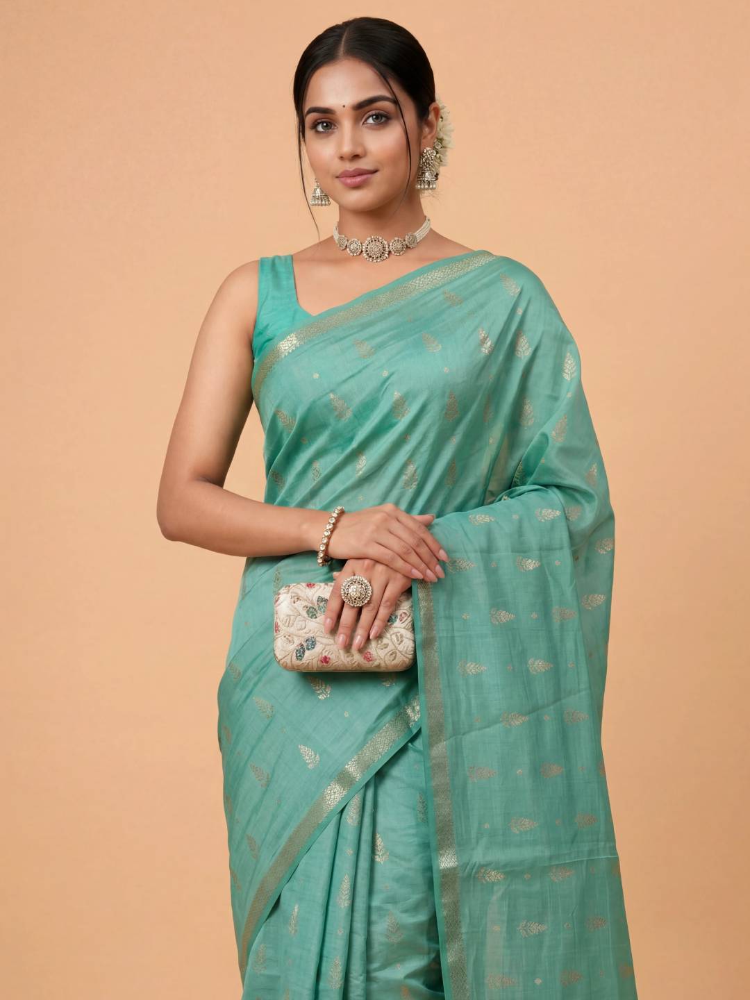 Women Semi Tussar Printed Green Saree ST343
