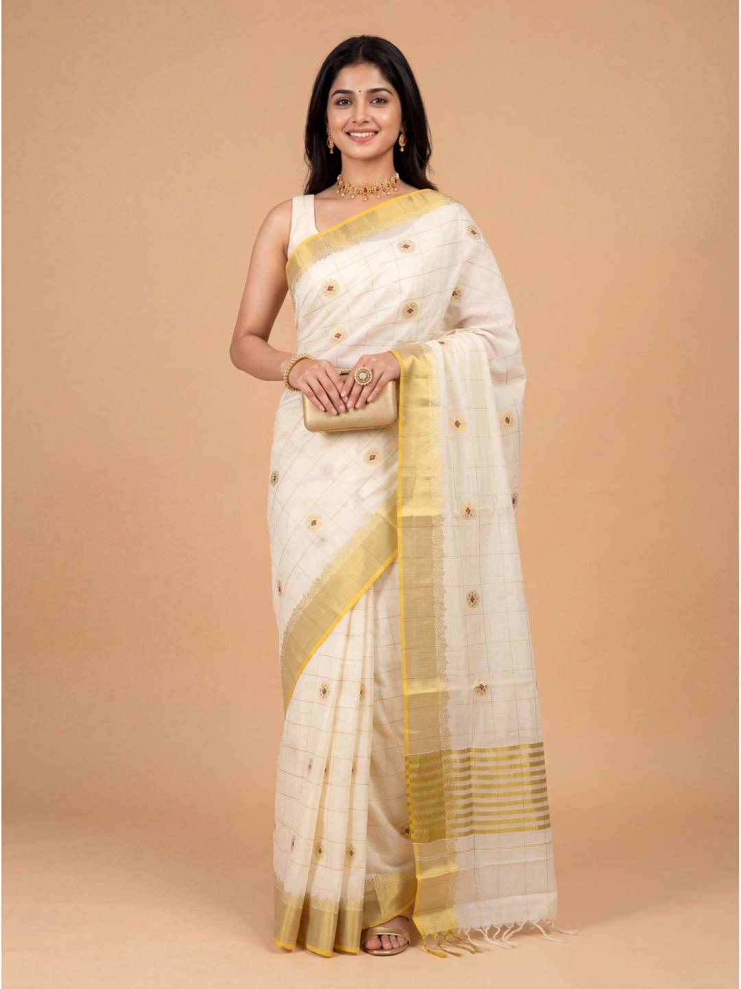 Women Kora Cotton Cream Kerala Saree with Gold Jari Border KLS35