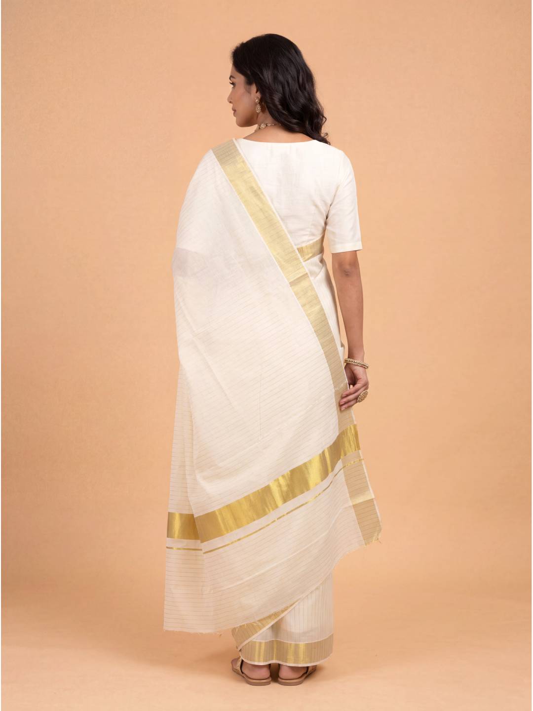 Women Kora Cotton Cream Kerala Saree with Gold Jari Border KLS57