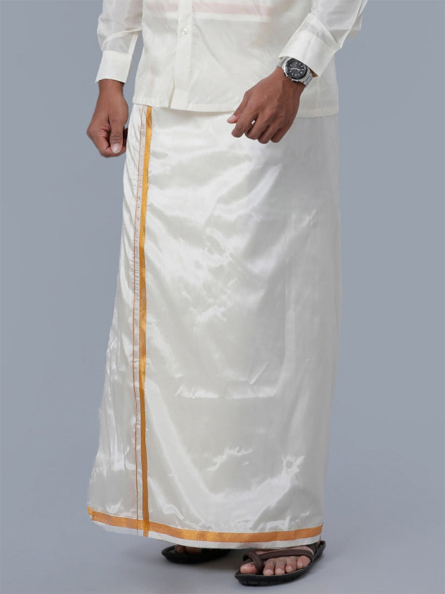 Mens Art Silk Cream Double Dhoti with Gold Jari Border Kara Yoga 80k-Side view