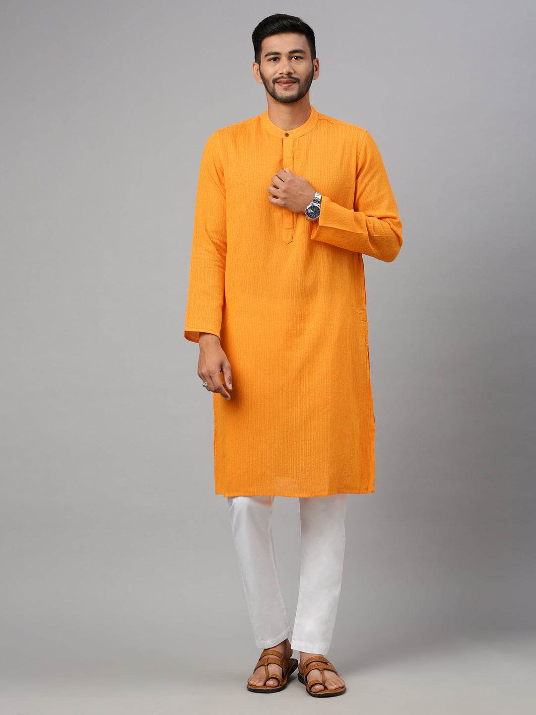 Mens Cotton Orange Yellow Striped Full Length Pocket Kurta M5