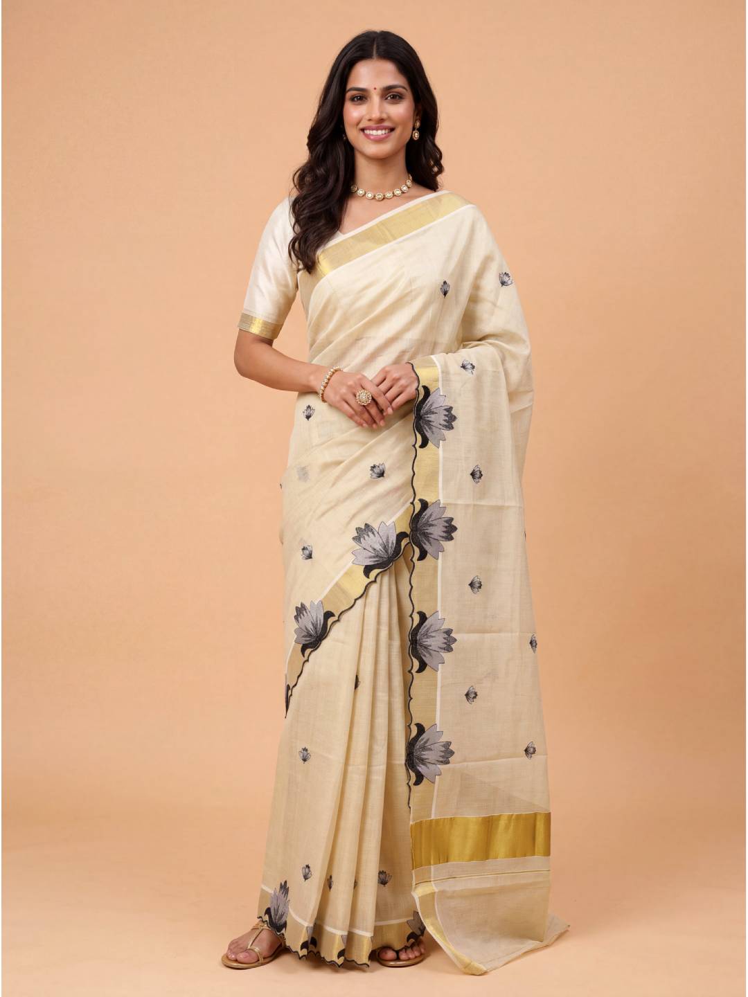 Women Tissue Embroidered with Flower Scallop Work Saree KLS46