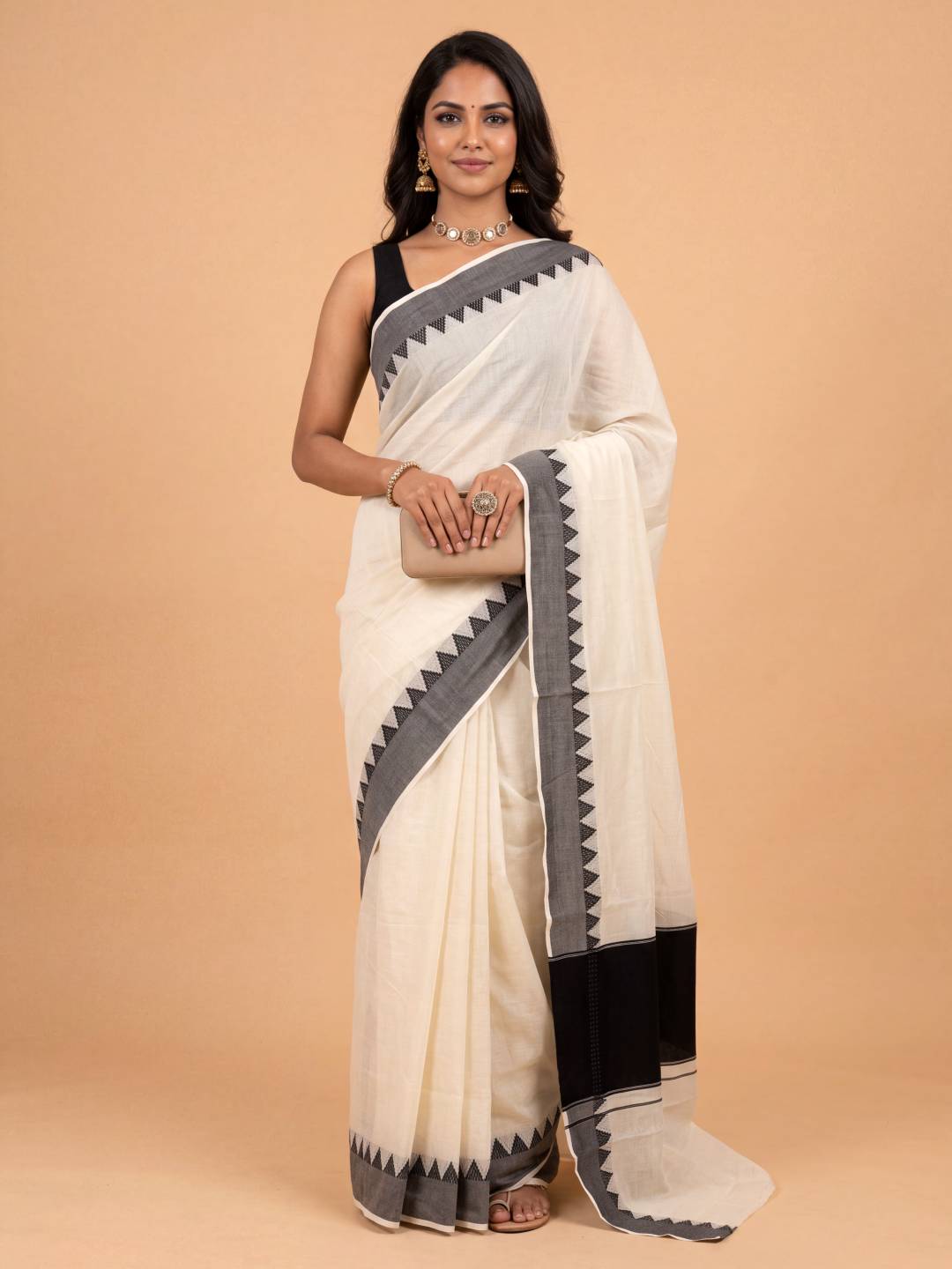 Women Kora Cotton Cream with Black Kerala Saree KLS59