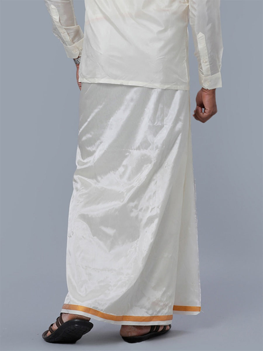 Mens Art Silk Cream Double Dhoti with Gold Jari Border Kara Yoga 80k-Back view