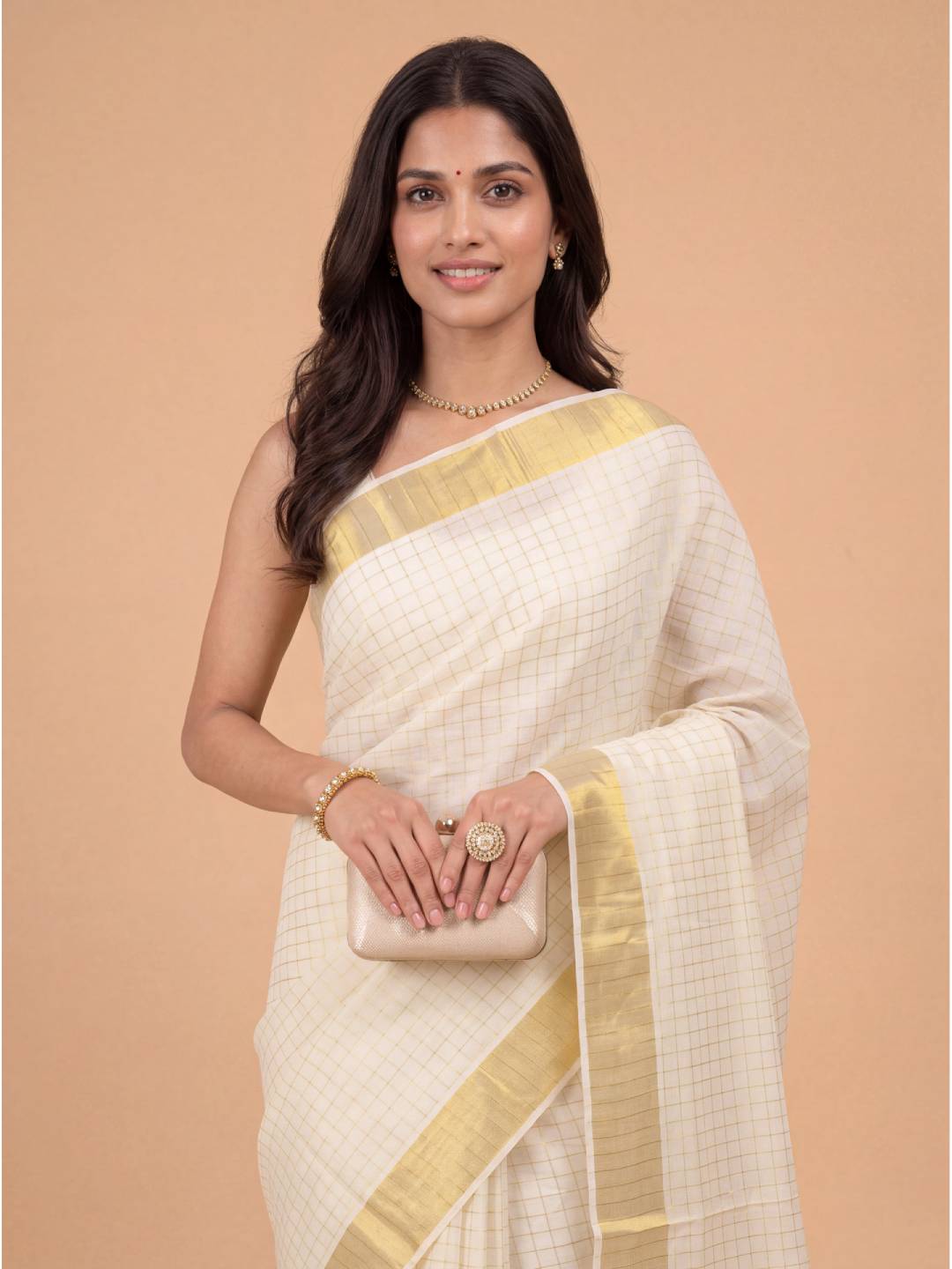 Women Kora Cotton Cream Checks Saree with Gold Jari KLS39