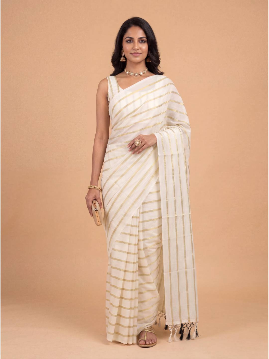 Women Kora Cotton Cream Printed Saree with Gold Jari KLS53