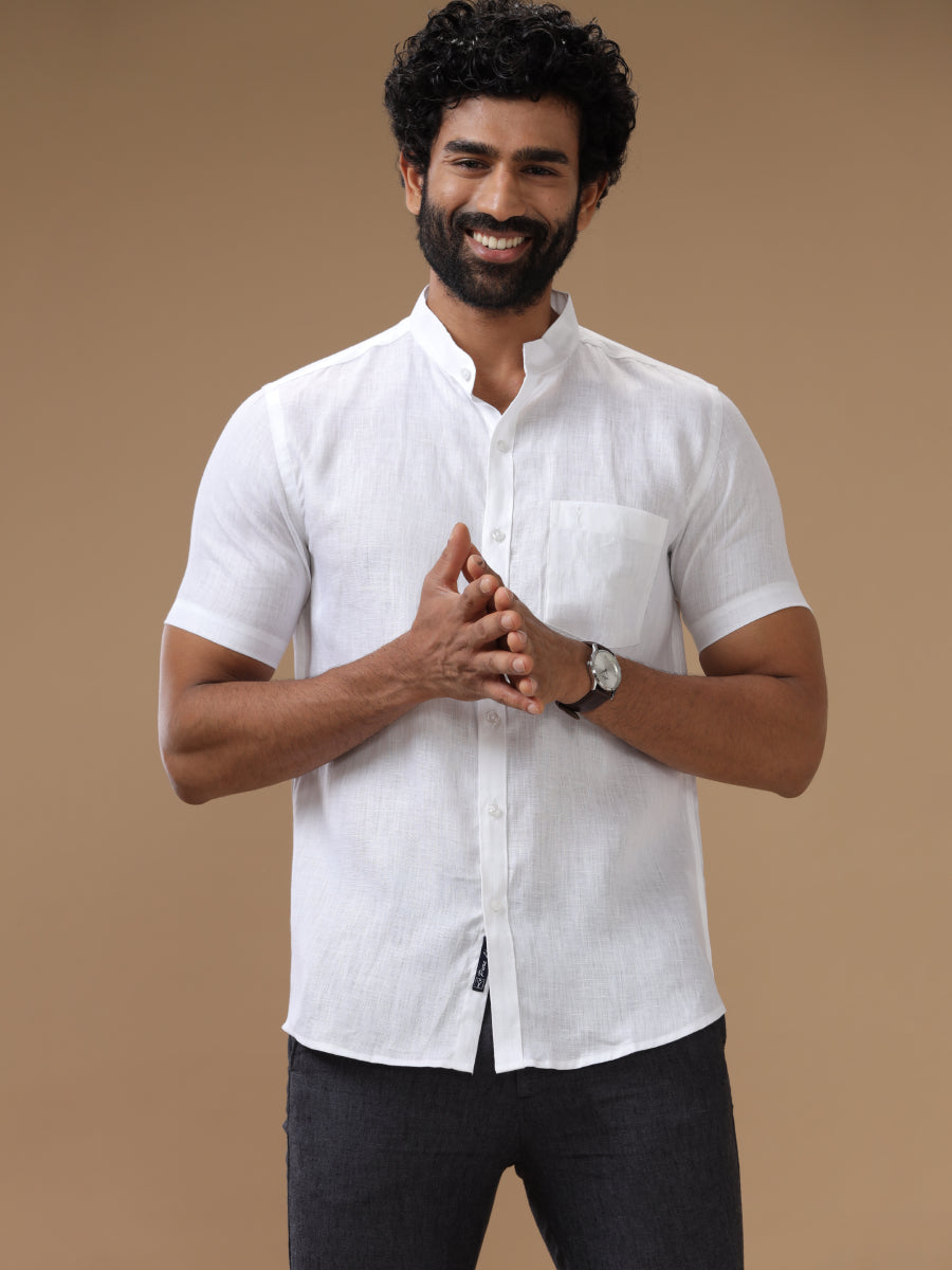 Men Pure Linen Chinese Collar White Shirt 5544
