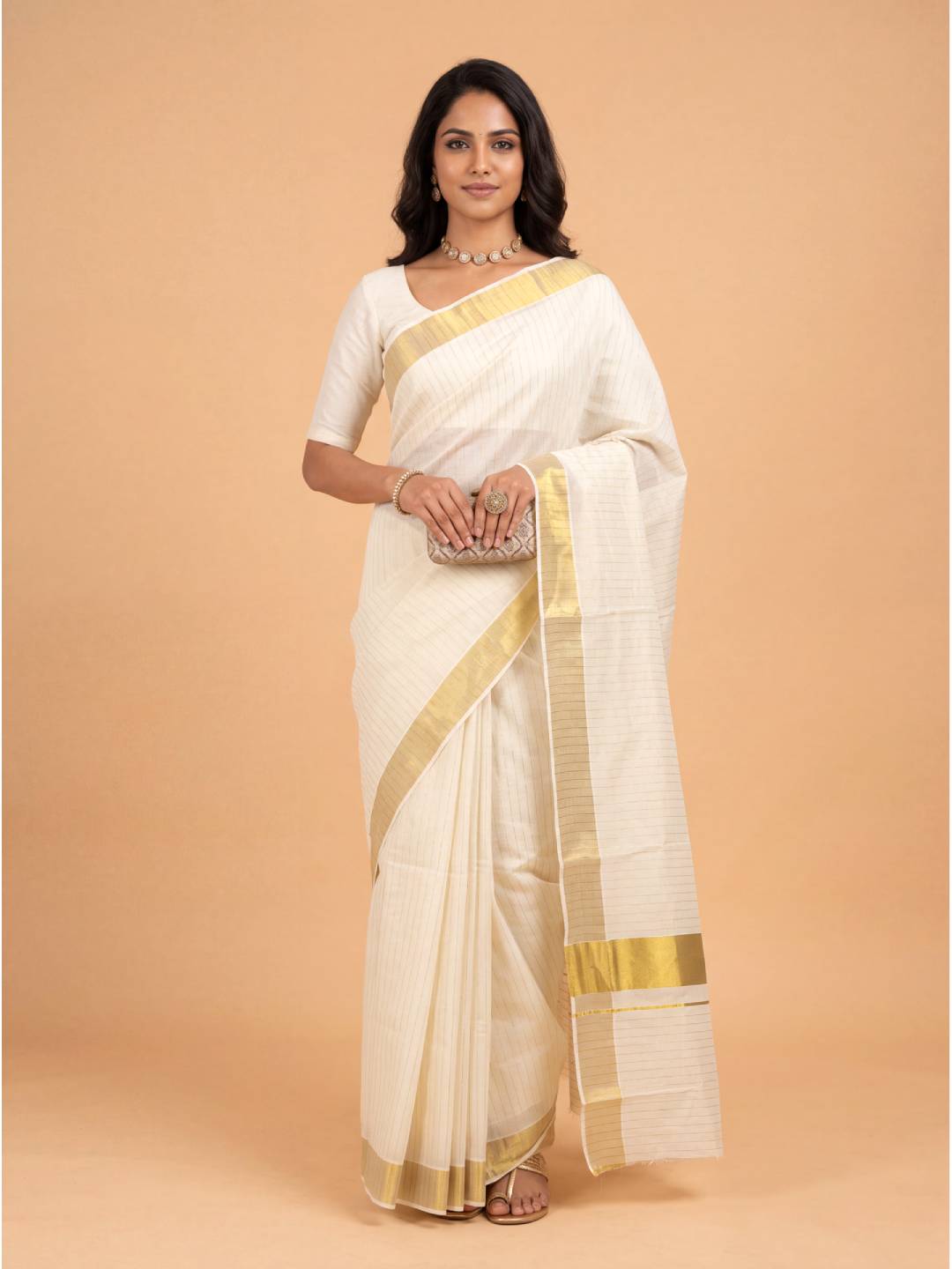 Women Kora Cotton Cream Kerala Saree with Gold Jari Border KLS57