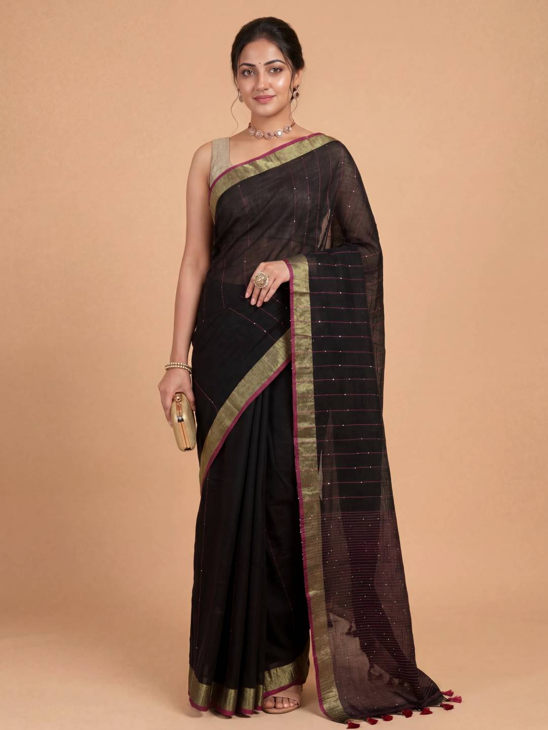 Women Semi Linen Black with Red Saree SL254