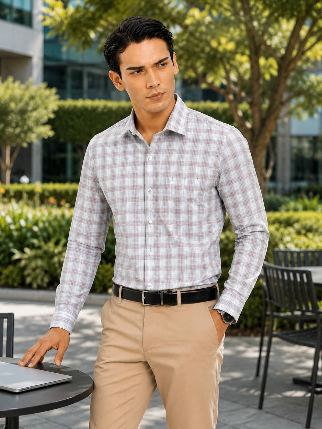 Cotton Dobby Grey with Purple Checked Regular Fit Shirt SRBJ6