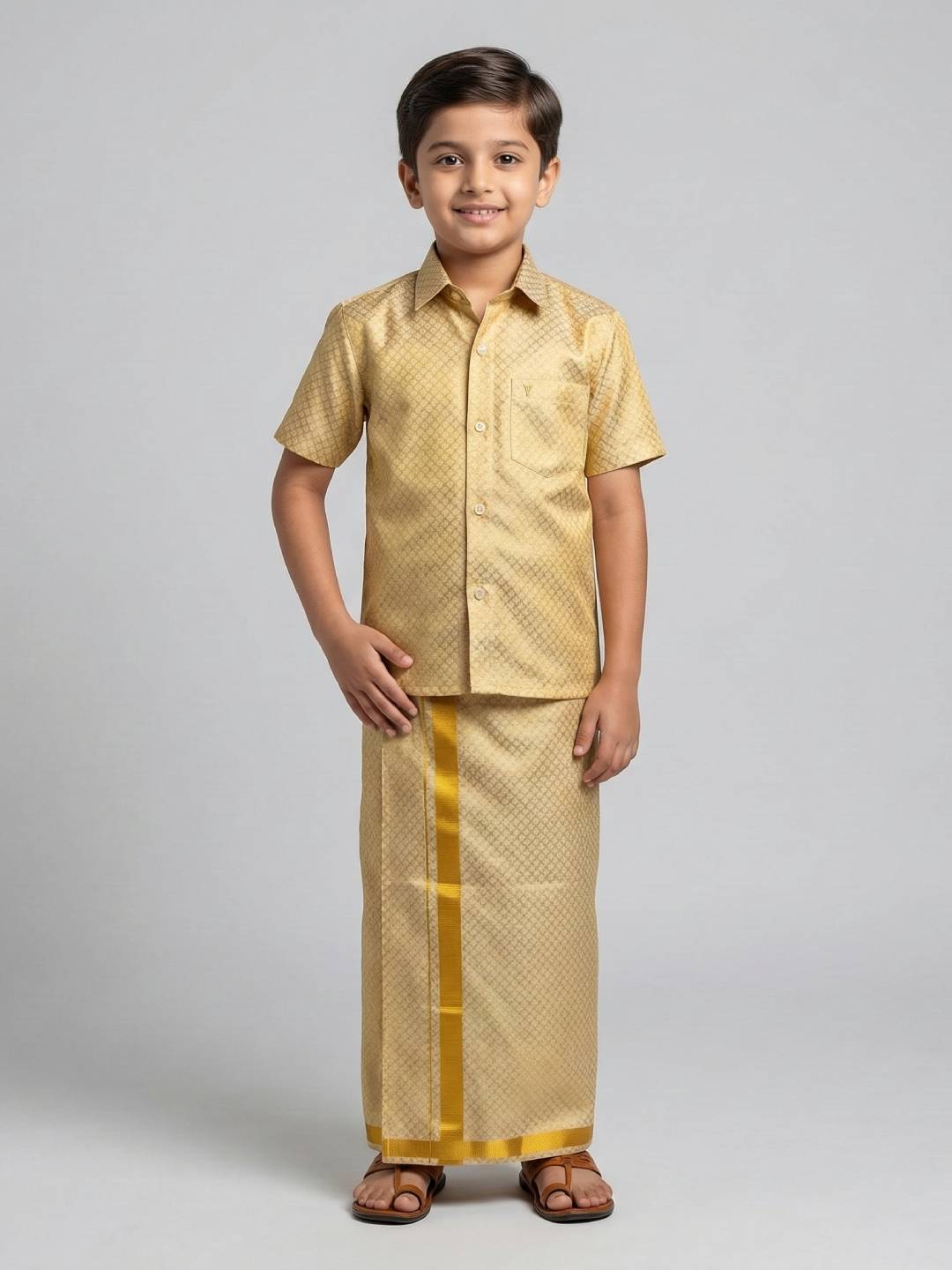Boys Gold Tissue Jacquard Shirt with Matching Dhoti Set GDP3
