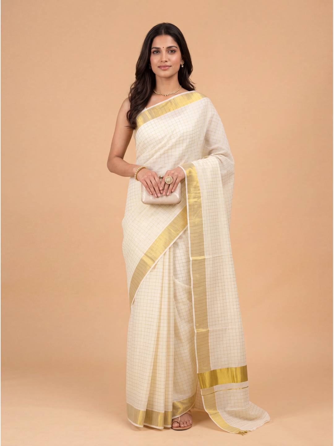 Women Kora Cotton Cream Checks Saree with Gold Jari KLS39