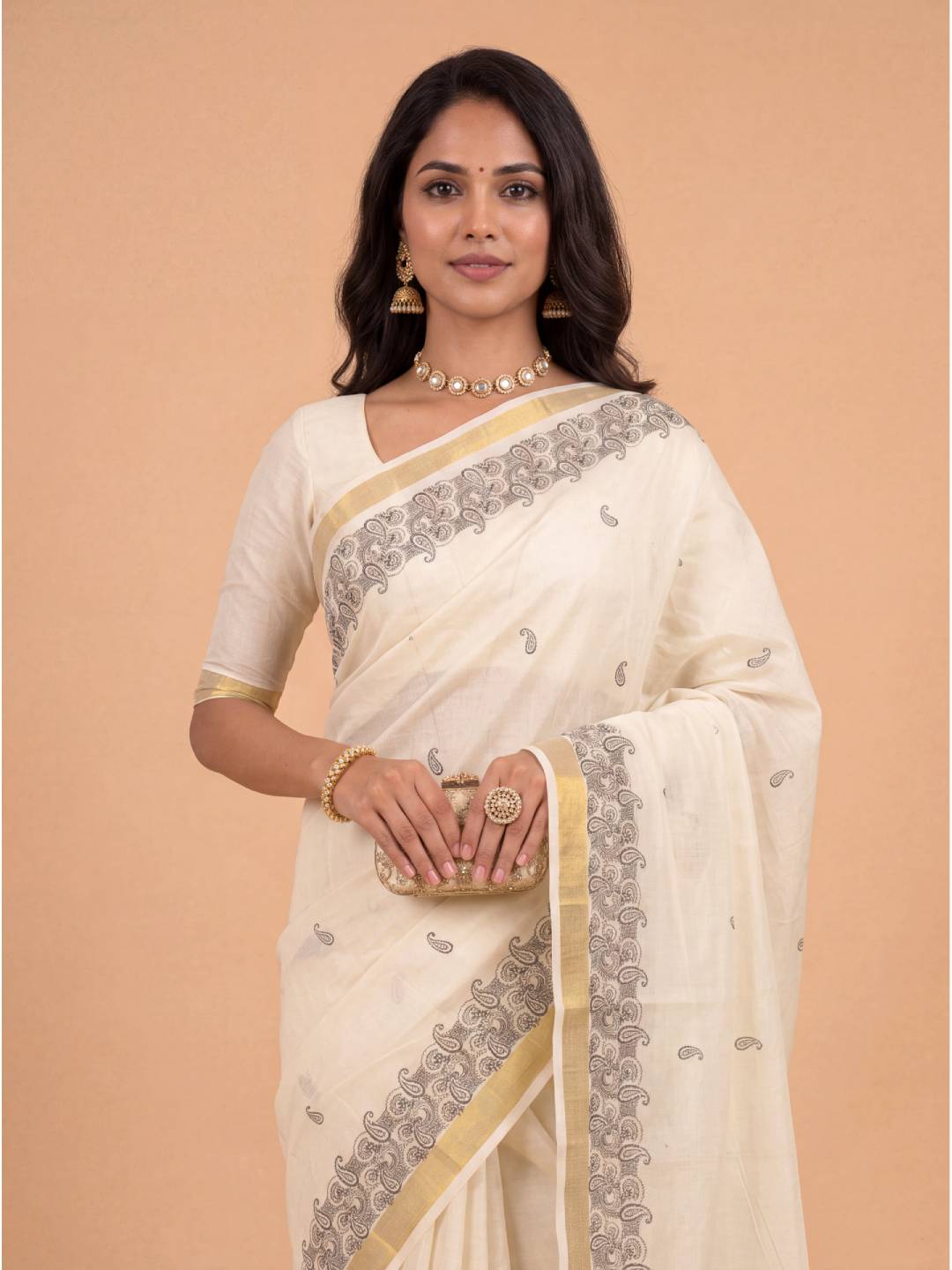 Women Kora Cotton Cream Kerala Printed Saree with Gold Jari KLS55