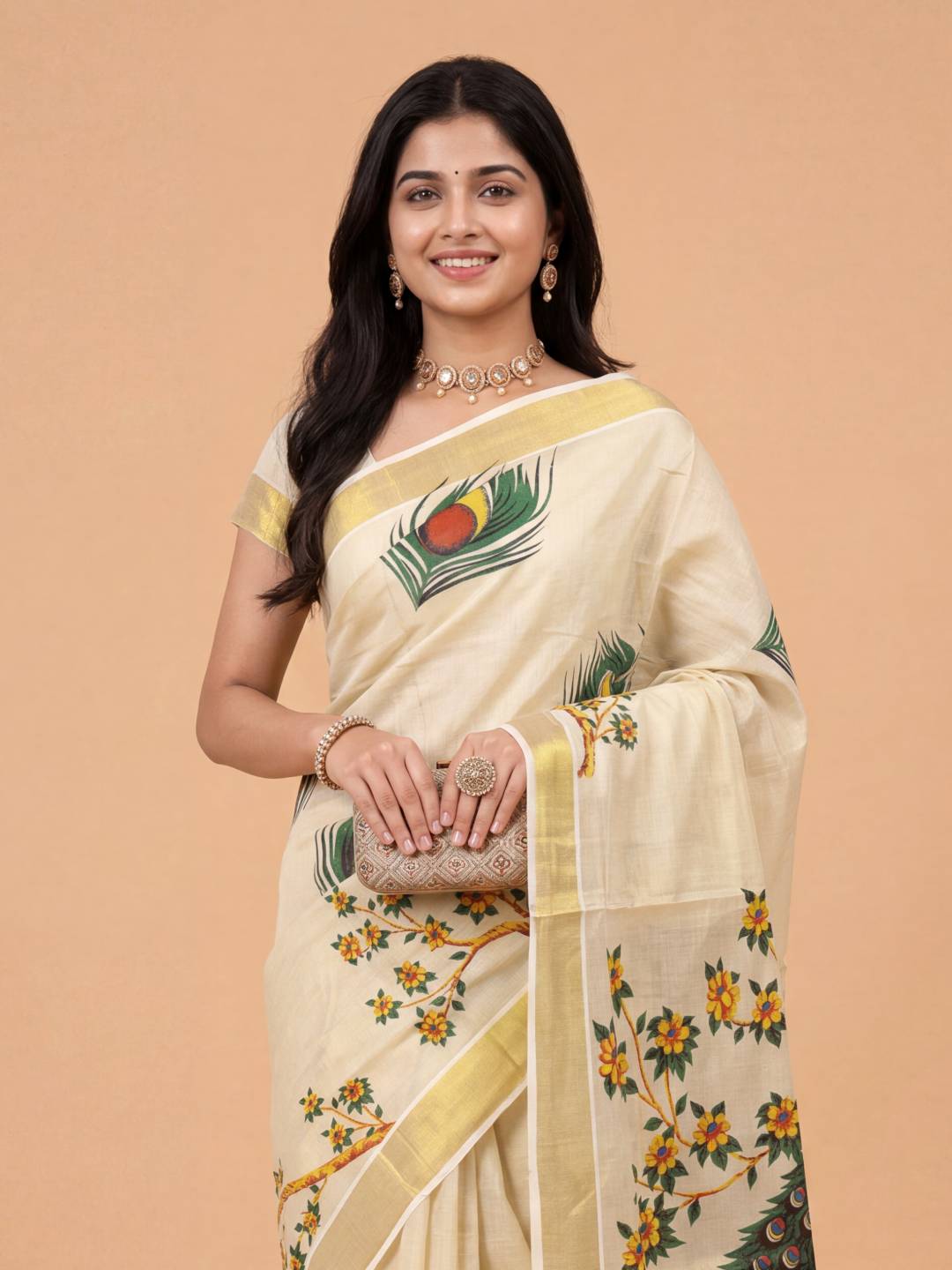 Women Tissue Peacock Printed Gold Saree KLS30