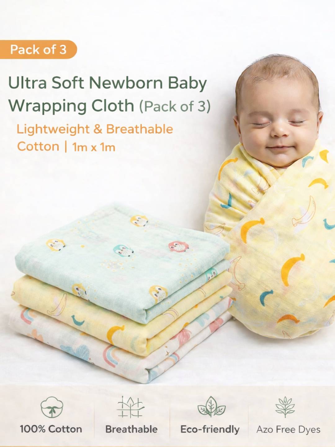 Ultra Soft Newborn Baby Wrapping Cloth (Pack of 3) Lightweight & Breathable Cotton | 1m x 1m