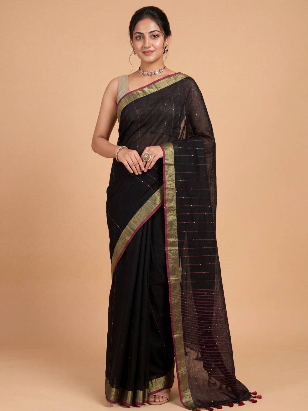 Women Semi Linen Black with Red Saree SL254