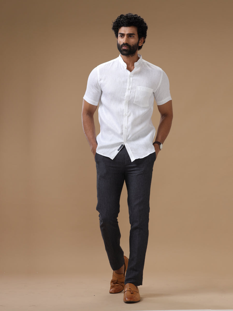 Men Pure Linen Chinese Collar White Shirt 5544