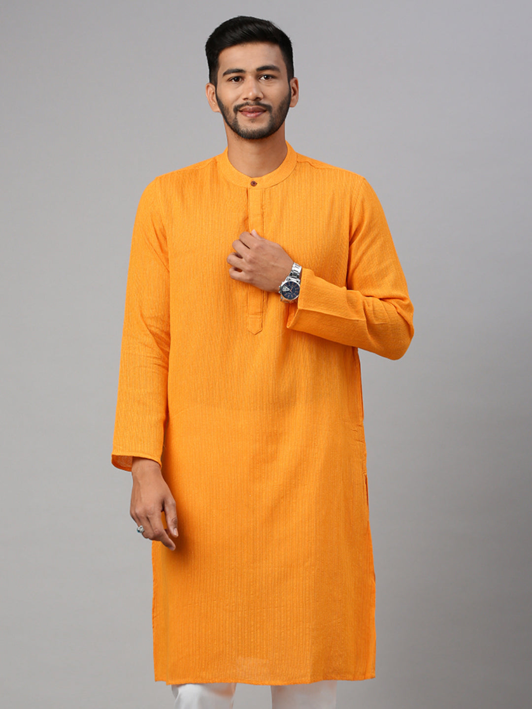 Mens Cotton Orange Yellow Striped Full Length Pocket Kurta M5