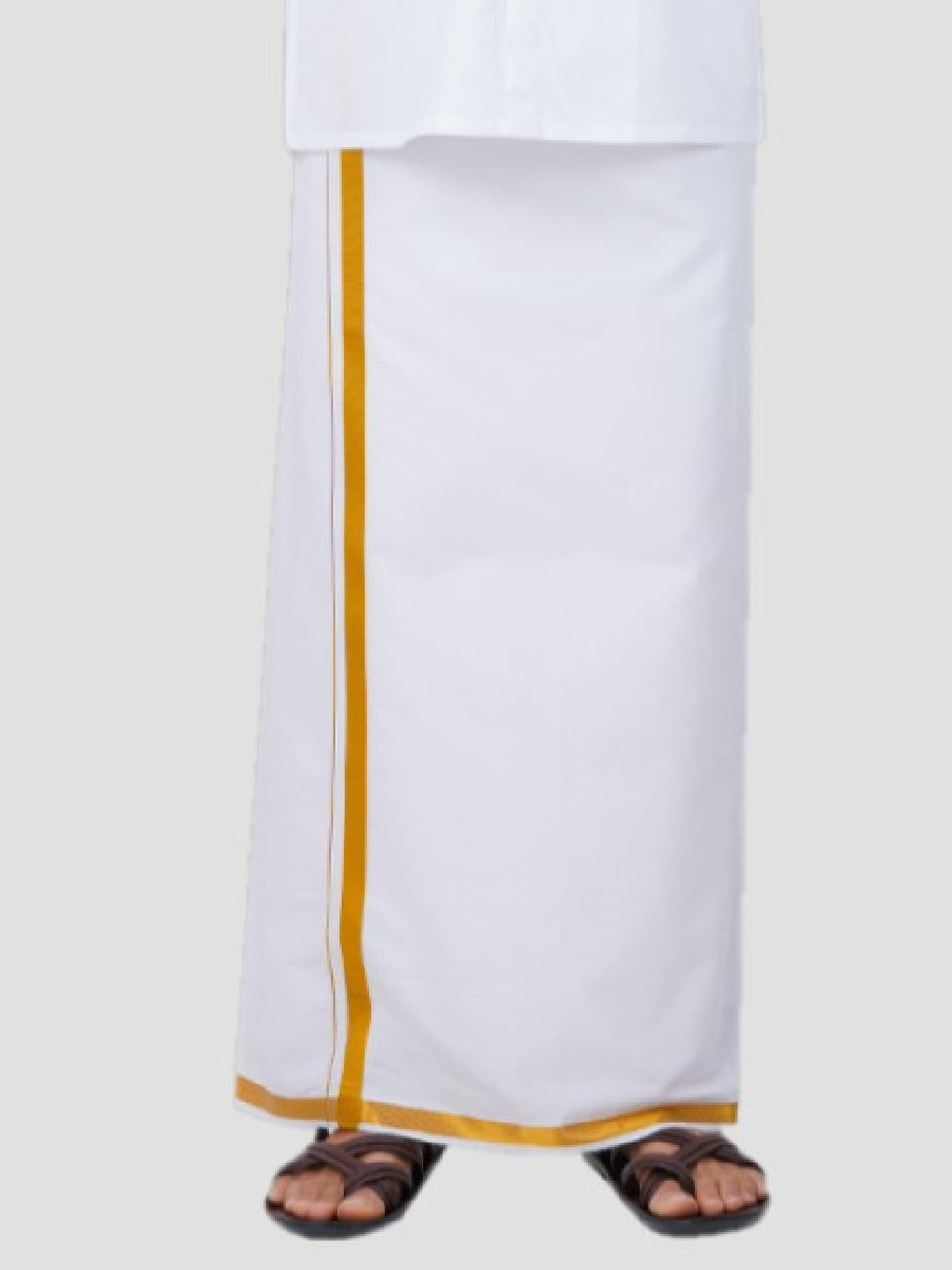 Mens Single Dhoti White with Gold Jari Border 3/4 & Towel Set Kalasadan-Bottom view