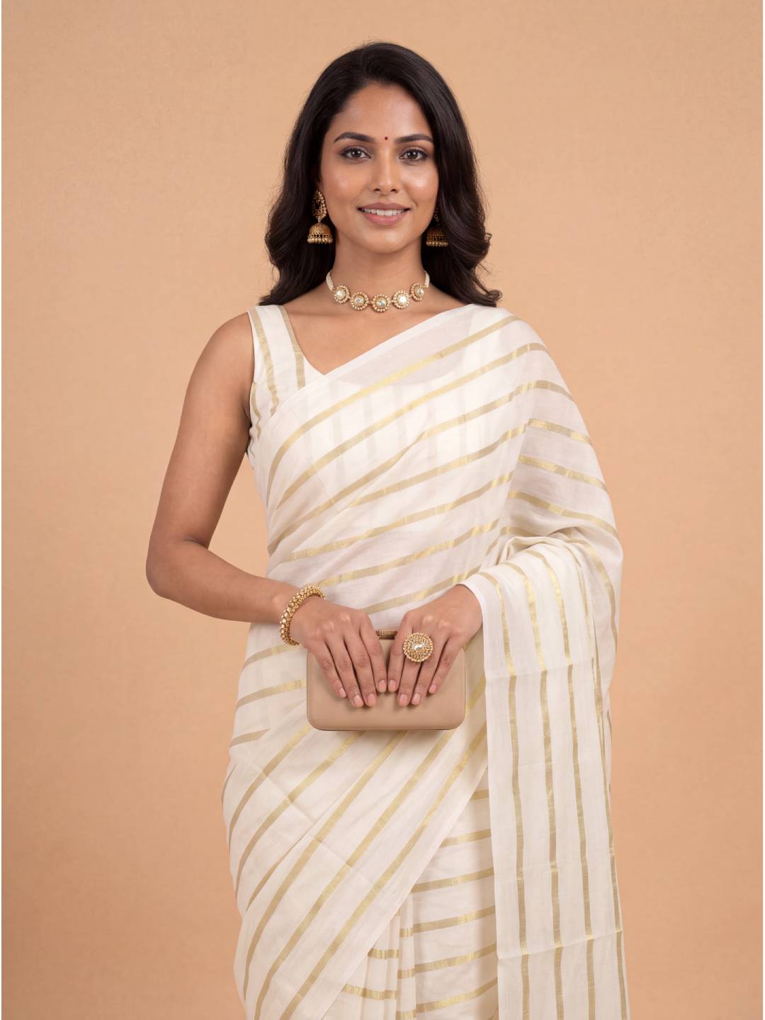 Women Kora Cotton Cream Printed Saree with Gold Jari KLS53