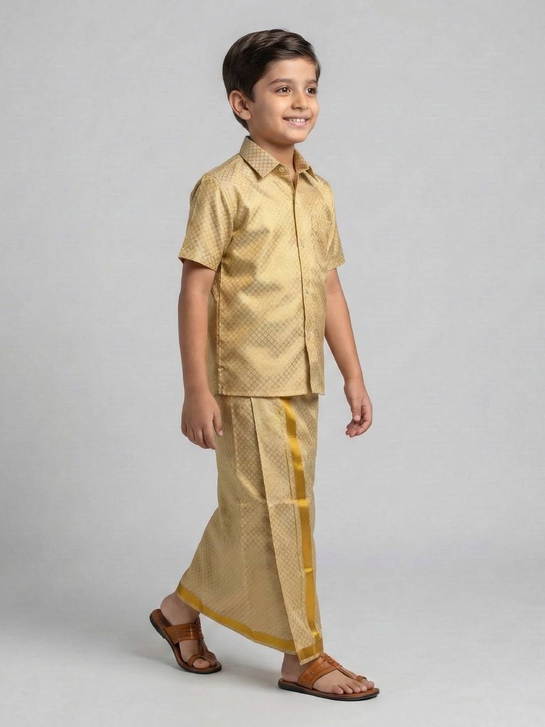 Boys Gold Tissue Jacquard Shirt with Matching Dhoti Set GDP3