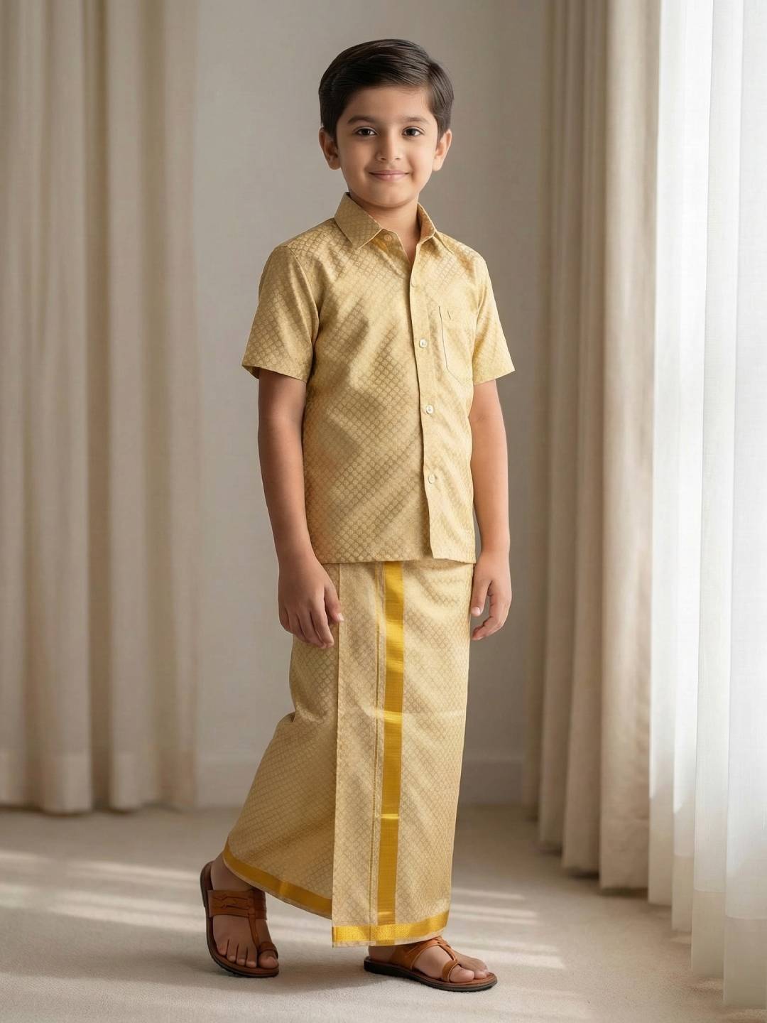Boys Gold Tissue Jacquard Shirt with Matching Dhoti Set GDP3