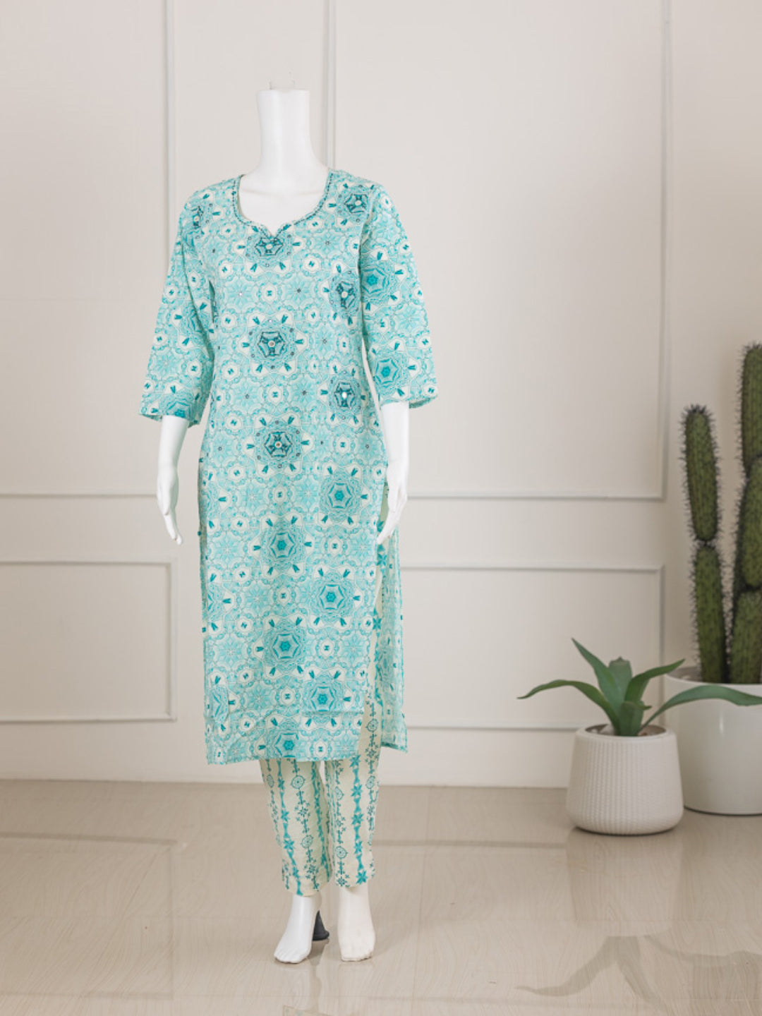 Women Blue Cotton Kurti Set EKS67