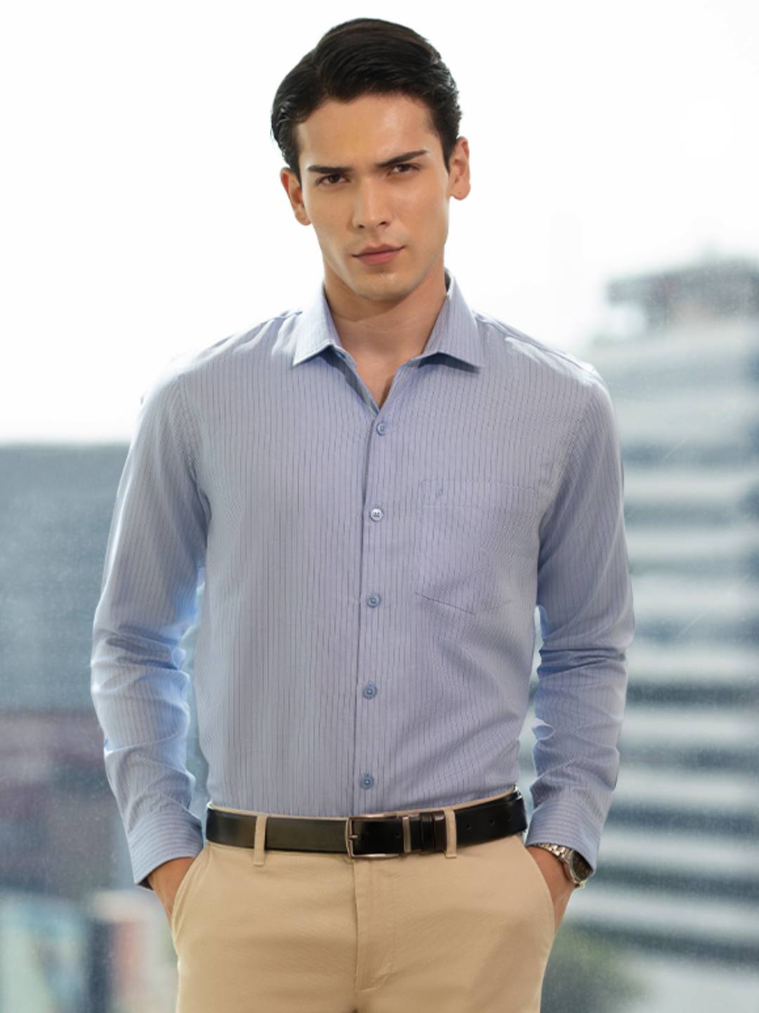 Cotton Dobby Light Blue Stripes Regular Fit Shirt SRAY1